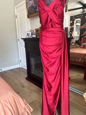 Red Satin Maxi Dress with Draped Bodice